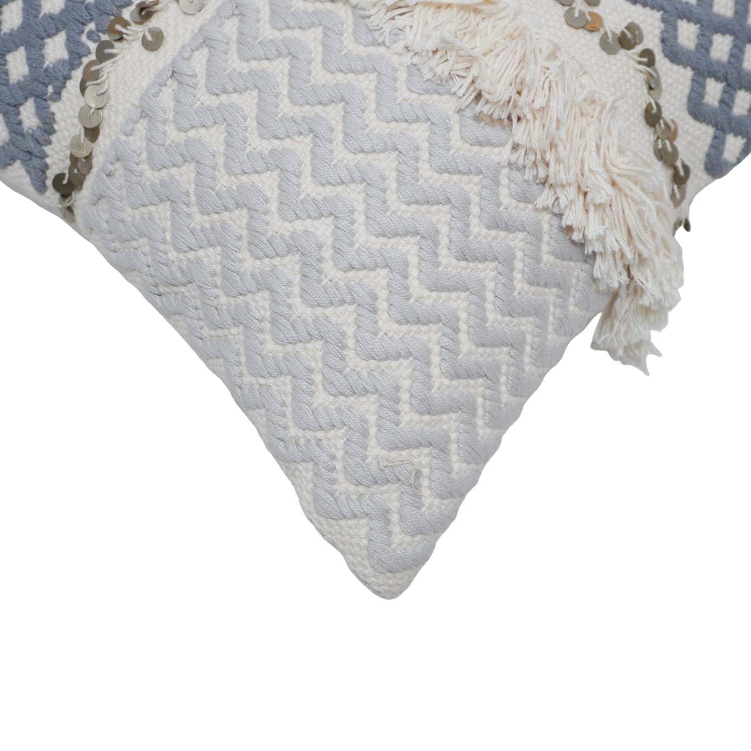 Handwoven Cotton Cushion Cover with Fringe & Sequin Detail | Blue & Ivory Geometric Textured Decorative Throw Pillow Cover | 45x45 cm (18x18 Inch)