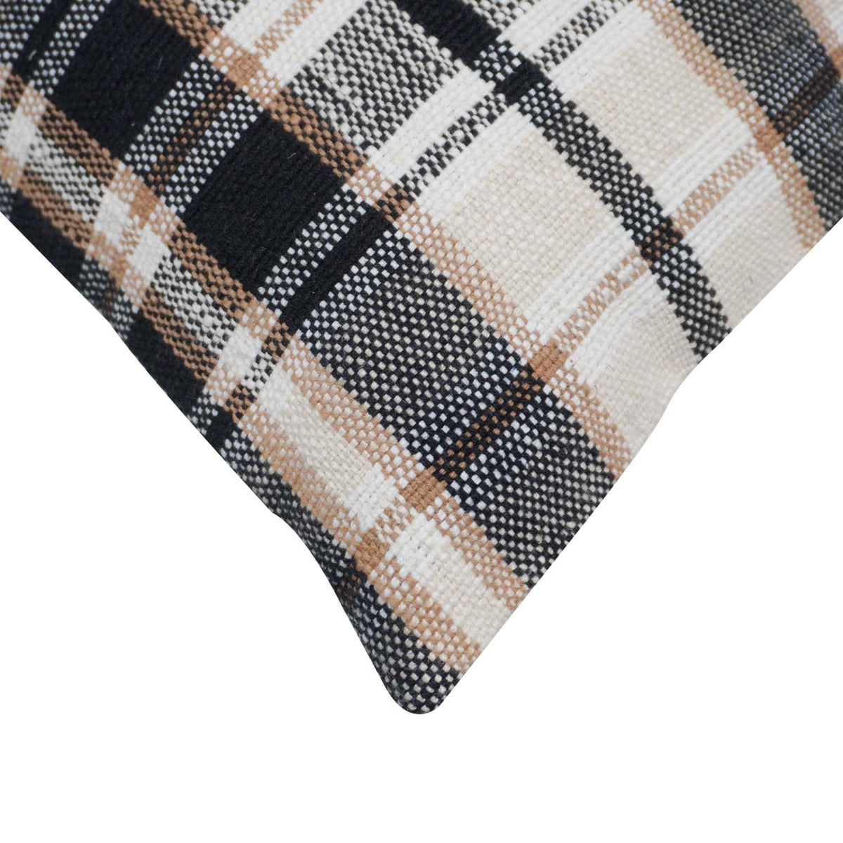 Handwoven Cotton Plaid Cushion Cover 45x45 cm | Black, Beige & Ivory Checkered Decorative Throw Pillow Cover | Modern Farmhouse Home Décor - Bulk manufacturer & supplier from Panipat, India