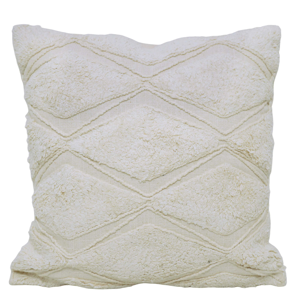 Handcrafted Tufted Embroidered Cotton Cushion Cover – Ivory Geometric Diamond Pattern, 45 x 45 cm