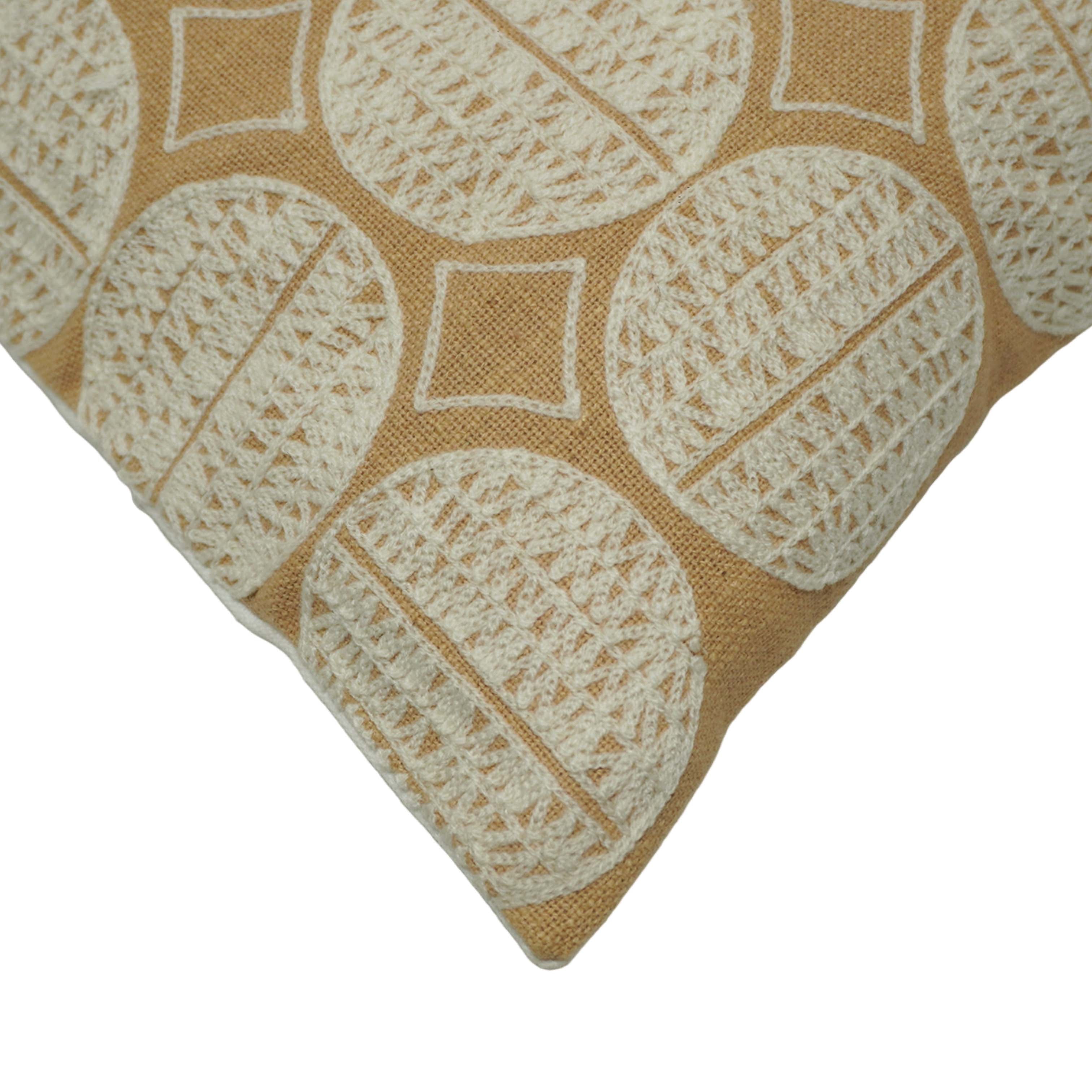 Embroidered Cotton Cushion Cover 45x45 cm | Geometric Circle Pattern Decorative Throw Pillow Cover | Beige & Ivory | Hidden Zipper | Sofa, Bed & Living Room Décor