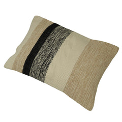 Handwoven Cotton Cushion Cover 35x50 cm | Beige, Ivory & Black Striped Lumbar Pillow Cover | Modern Boho Decorative Cushion Cover with Concealed Zipper