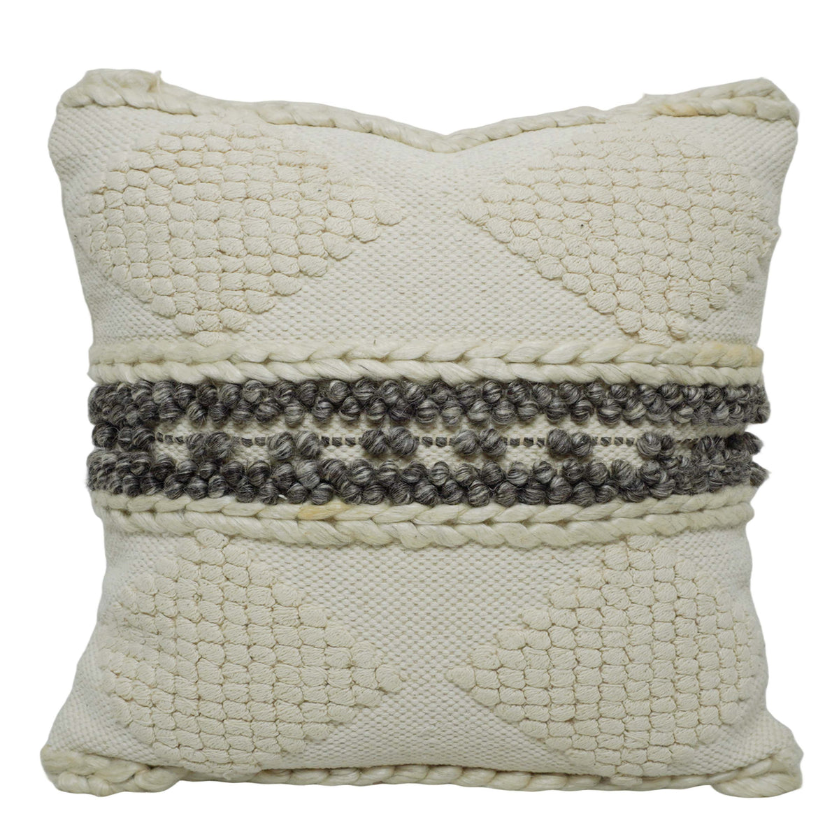 Handwoven Cotton Cushion Cover 45x45 cm – Ivory & Grey Textured Geometric Design