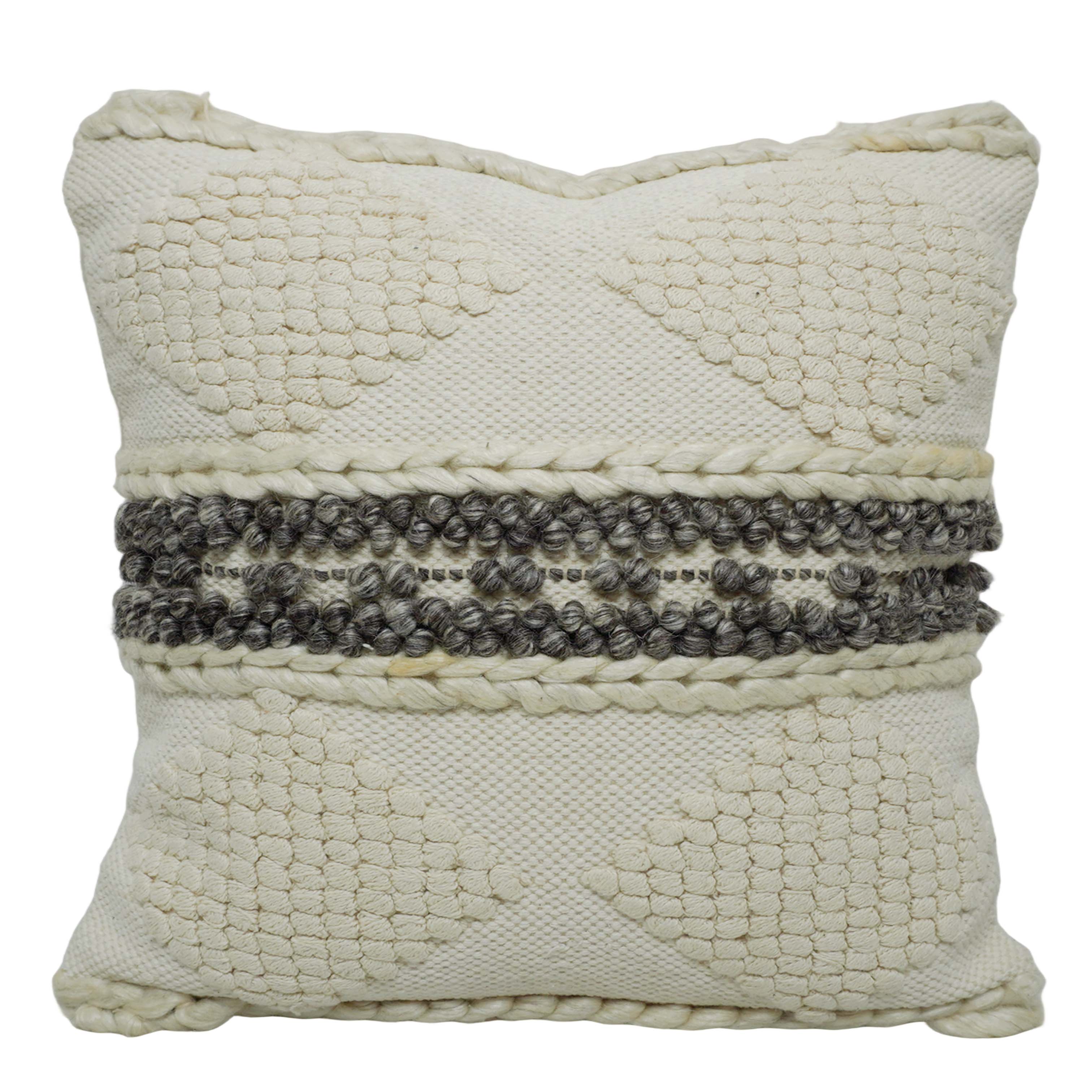 Handwoven Cotton Cushion Cover 45x45 cm – Ivory & Grey Textured Geometric Design