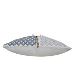 Handwoven Cotton Cushion Cover with Fringe & Sequin Detail | Blue & Ivory Geometric Textured Decorative Throw Pillow Cover | 45x45 cm (18x18 Inch)