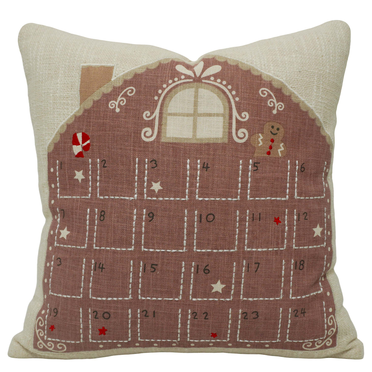 Christmas Advent Calendar Printed & Embroidered Cotton Cushion Cover 45x45 cm | Gingerbread House Decorative Throw Pillow Cover with Hidden Zipper