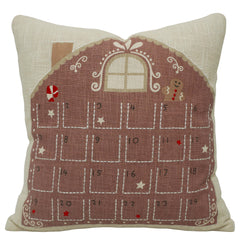 Christmas Advent Calendar Printed & Embroidered Cotton Cushion Cover 45x45 cm | Gingerbread House Decorative Throw Pillow Cover with Hidden Zipper