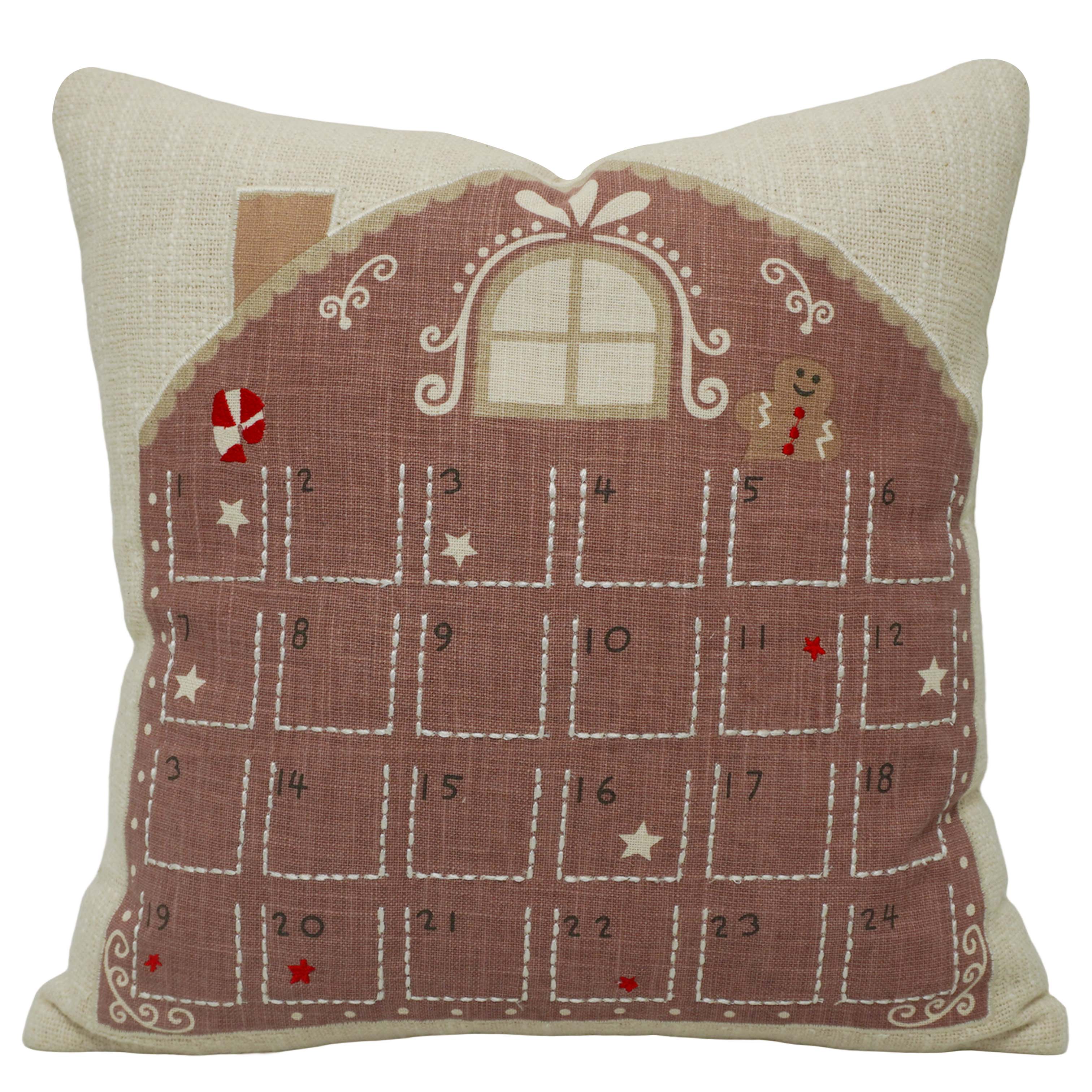 Christmas Advent Calendar Printed & Embroidered Cotton Cushion Cover 45x45 cm | Gingerbread House Decorative Throw Pillow Cover with Hidden Zipper
