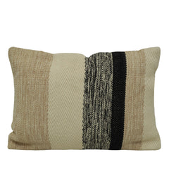 Handwoven Cotton Cushion Cover 35x50 cm | Beige, Ivory & Black Striped Lumbar Pillow Cover | Modern Boho Decorative Cushion Cover with Concealed Zipper