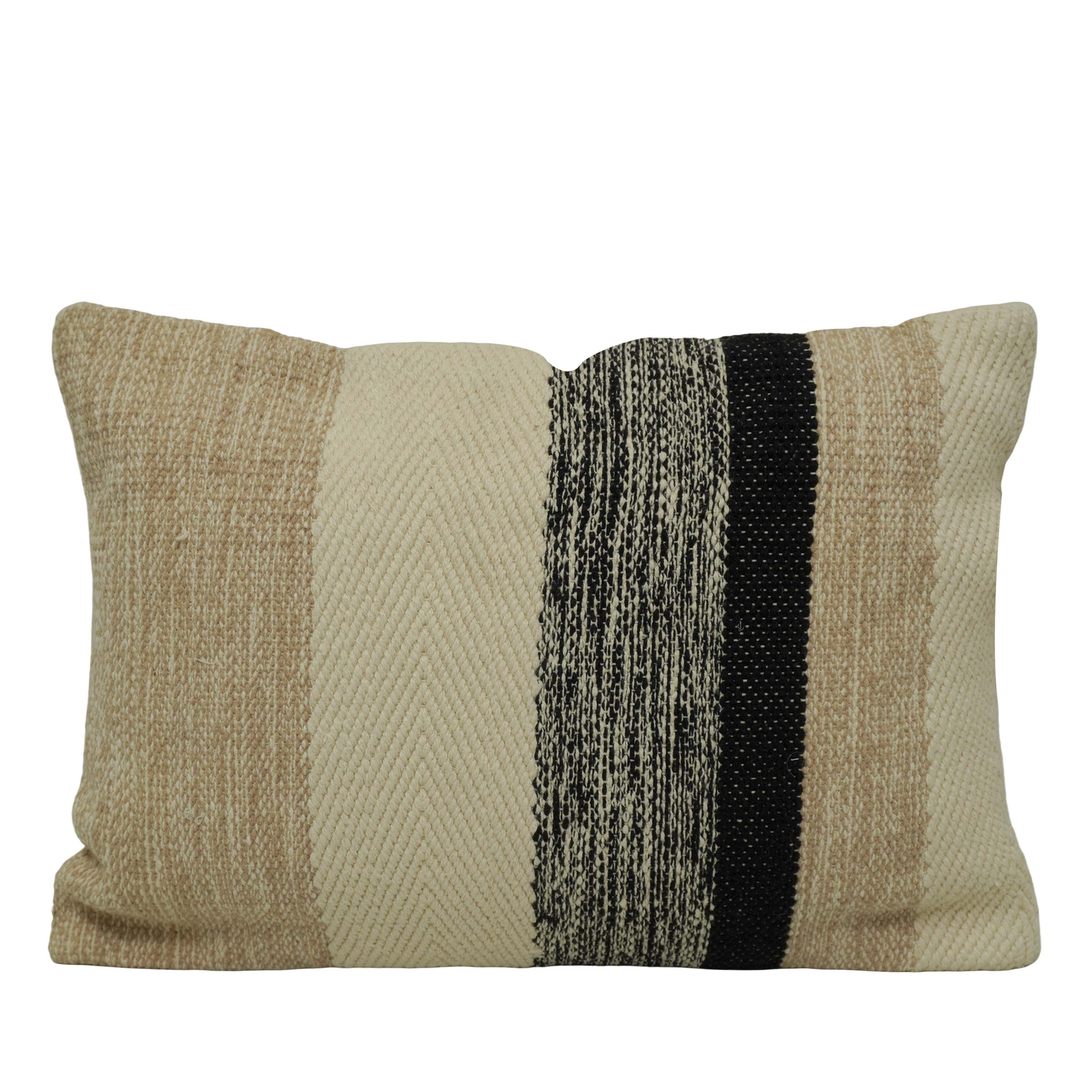 Handwoven Cotton Cushion Cover 35x50 cm | Beige, Ivory & Black Striped Lumbar Pillow Cover | Modern Boho Decorative Cushion Cover with Concealed Zipper