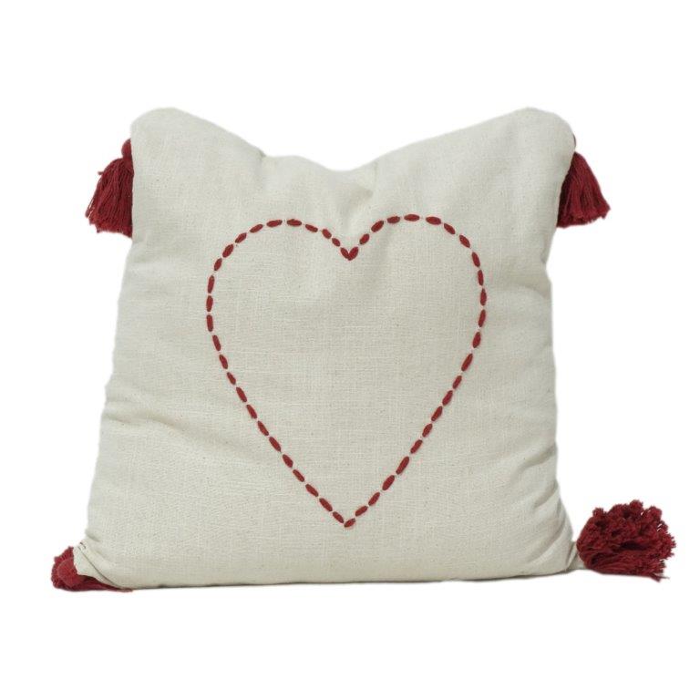 Embroidered Heart Cotton Cushion Cover with Tassels | Minimal Romantic Decor | 18x18 Inch - Bulk manufacturer & supplier from Panipat, India