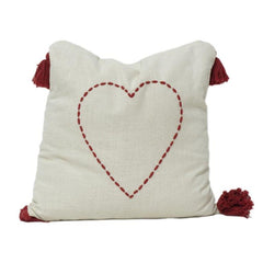 Embroidered Heart Cotton Cushion Cover with Tassels | Minimal Romantic Decor | 18x18 Inch