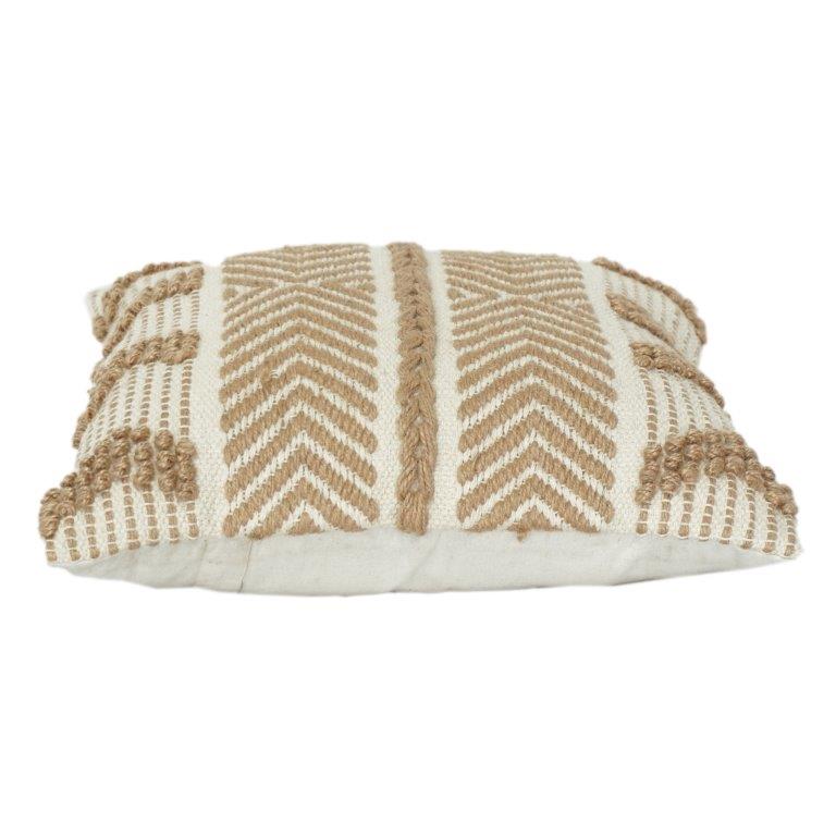 Handwoven Jute Cotton Cushion Cover with Textured Chevron & Tufted Stripe Design | Boho Neutral Decorative Pillow Cover (18x18 Inch)