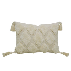 Handmade Tufted Cotton Cushion Cover 35x50 cm | Boho Geometric Diamond Design | Decorative Lumbar Pillow Cover with Tassels | Ivory
