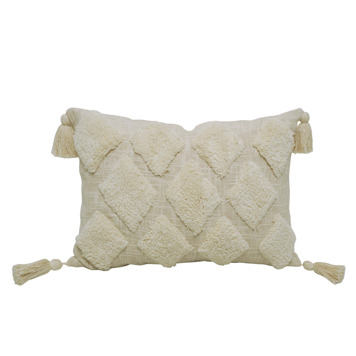 Handmade Tufted Cotton Cushion Cover 35x50 cm | Boho Geometric Diamond Design | Decorative Lumbar Pillow Cover with Tassels | Ivory