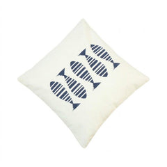 Nautical Fish Print Cotton Cushion Cover – Blue Striped Marine Design | 45 x 45 cm