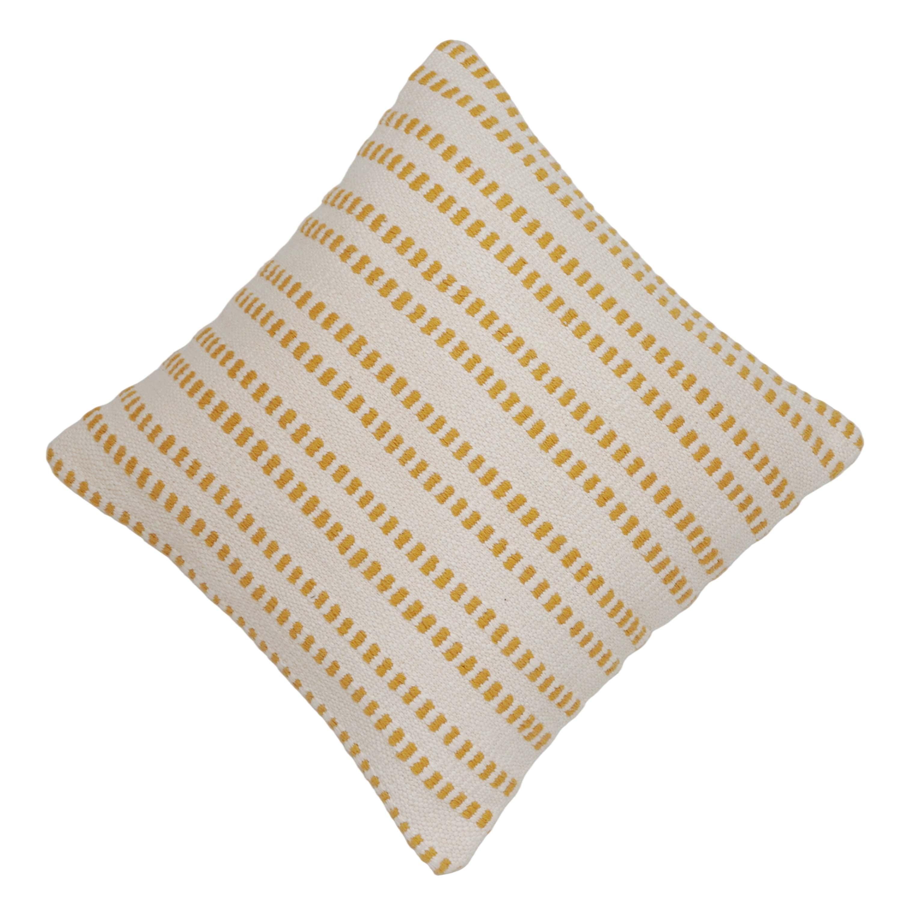 Handwoven Cotton Cushion Cover 45x45 cm | Ivory & Mustard Striped Woven Throw Pillow Cover | Textured Boho Farmhouse Decorative Cushion Cover with Hidden Zipper