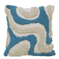 Hand Tufted Cotton Cushion Cover 45x45 cm | Abstract Wave Design | Blue & Ivory Decorative Throw Pillow Cover | Hidden Zipper | Modern Boho Home Décor