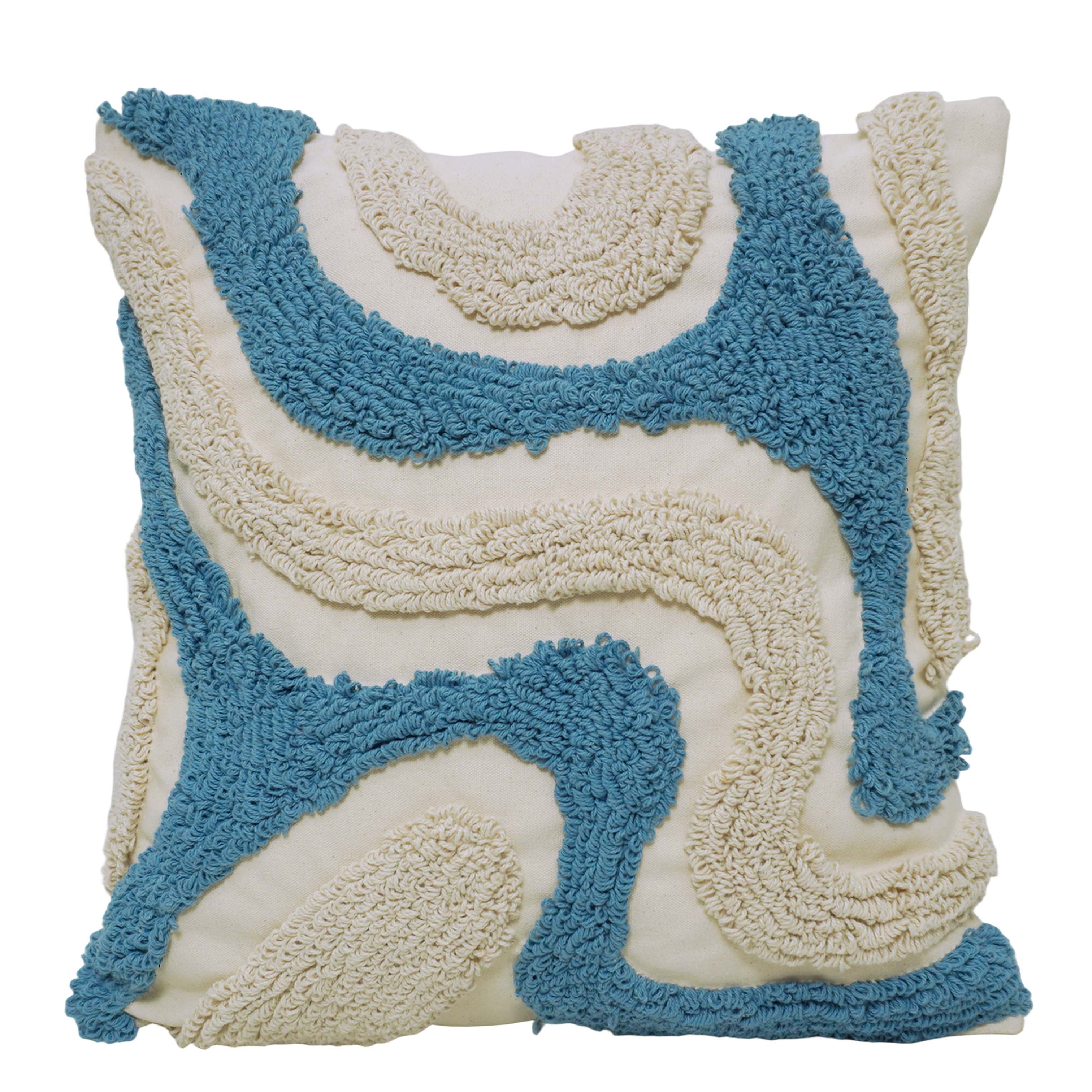 Hand Tufted Cotton Cushion Cover 45x45 cm | Abstract Wave Design | Blue & Ivory Decorative Throw Pillow Cover | Hidden Zipper | Modern Boho Home Décor