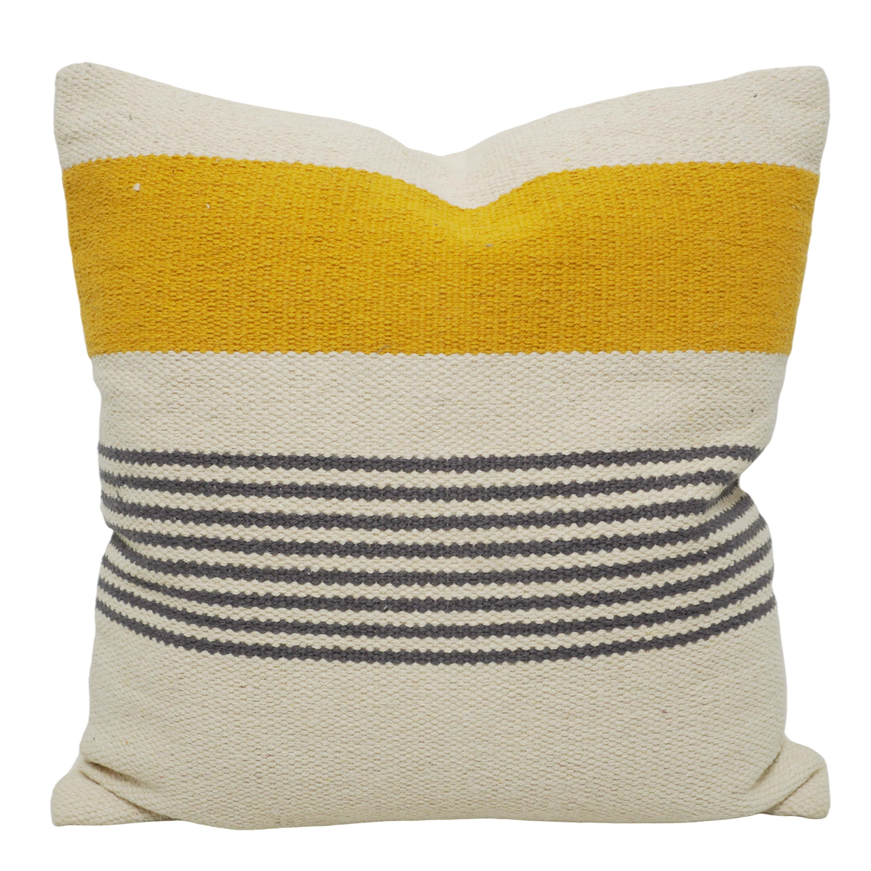 Handwoven Cotton Cushion Cover 45x45 cm – Mustard Yellow & Ivory Striped Decorative Cushion Cover | Modern Boho Woven Throw Pillow Cover with Concealed Zip