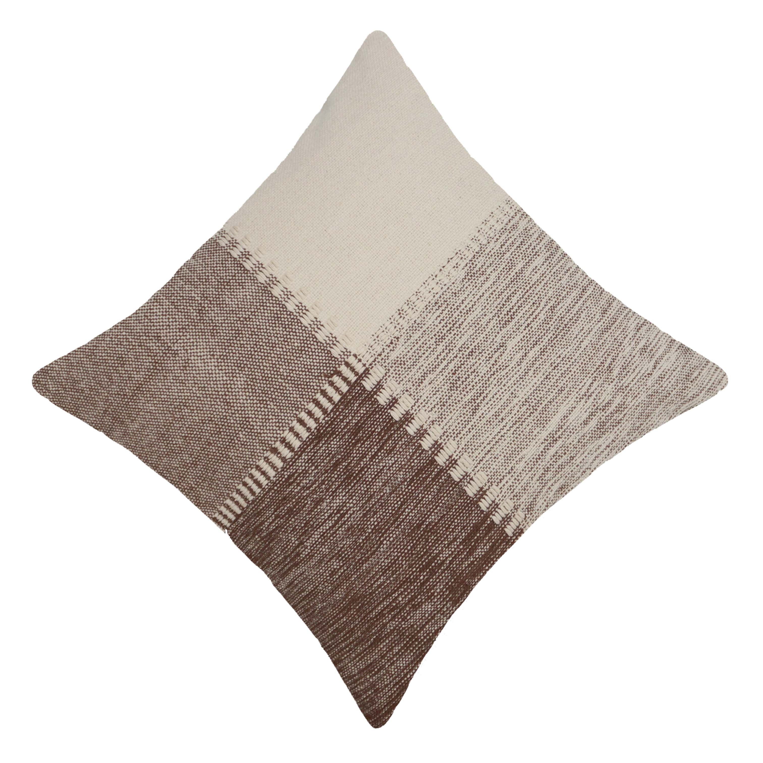 Handwoven Cotton Cushion Cover 45x45 cm | Brown & Ivory Color Block | Decorative Throw Pillow Cover