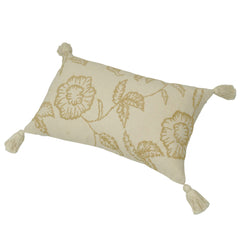 Machine Embroidered Floral Cotton Cushion Cover with Tassels | Decorative Lumbar Pillow Cover | Concealed Zipper | 35 x 50 cm | Ivory & Beige