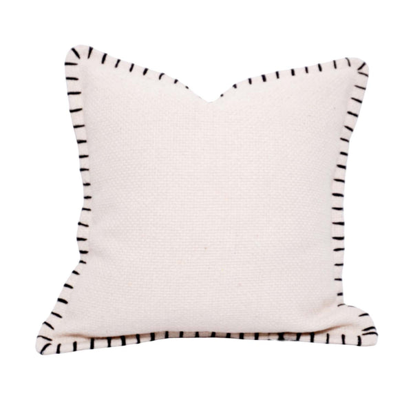 Hand Embroidered Cotton Cushion Cover 45x45 cm – Ivory Textured Throw Pillow Cover with Black Blanket Stitch Border | Modern Minimalist Home Décor