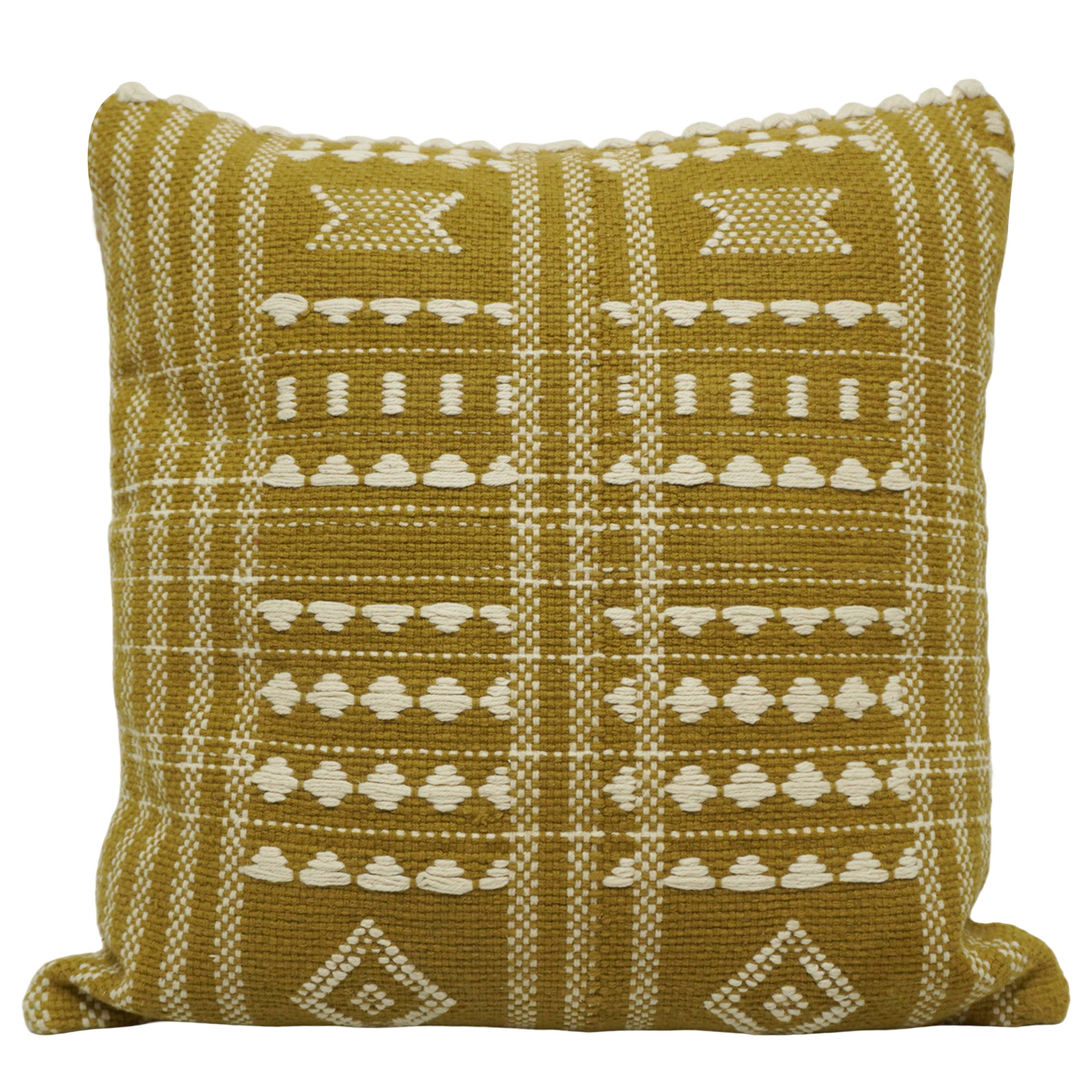 Handwoven Cotton Cushion Cover 45x45 cm | Mustard & Ivory Geometric Woven Throw Pillow Cover | Boho Decorative Cushion Cover with Hidden Zip