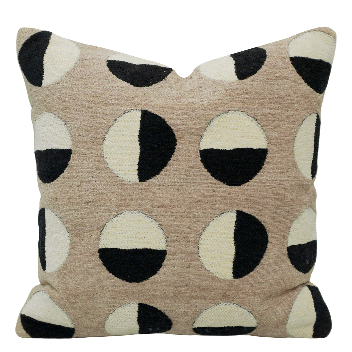 Handwoven Jacquard Cushion Cover 45x45 cm – Abstract Geometric Circle Design in Beige, Ivory & Black