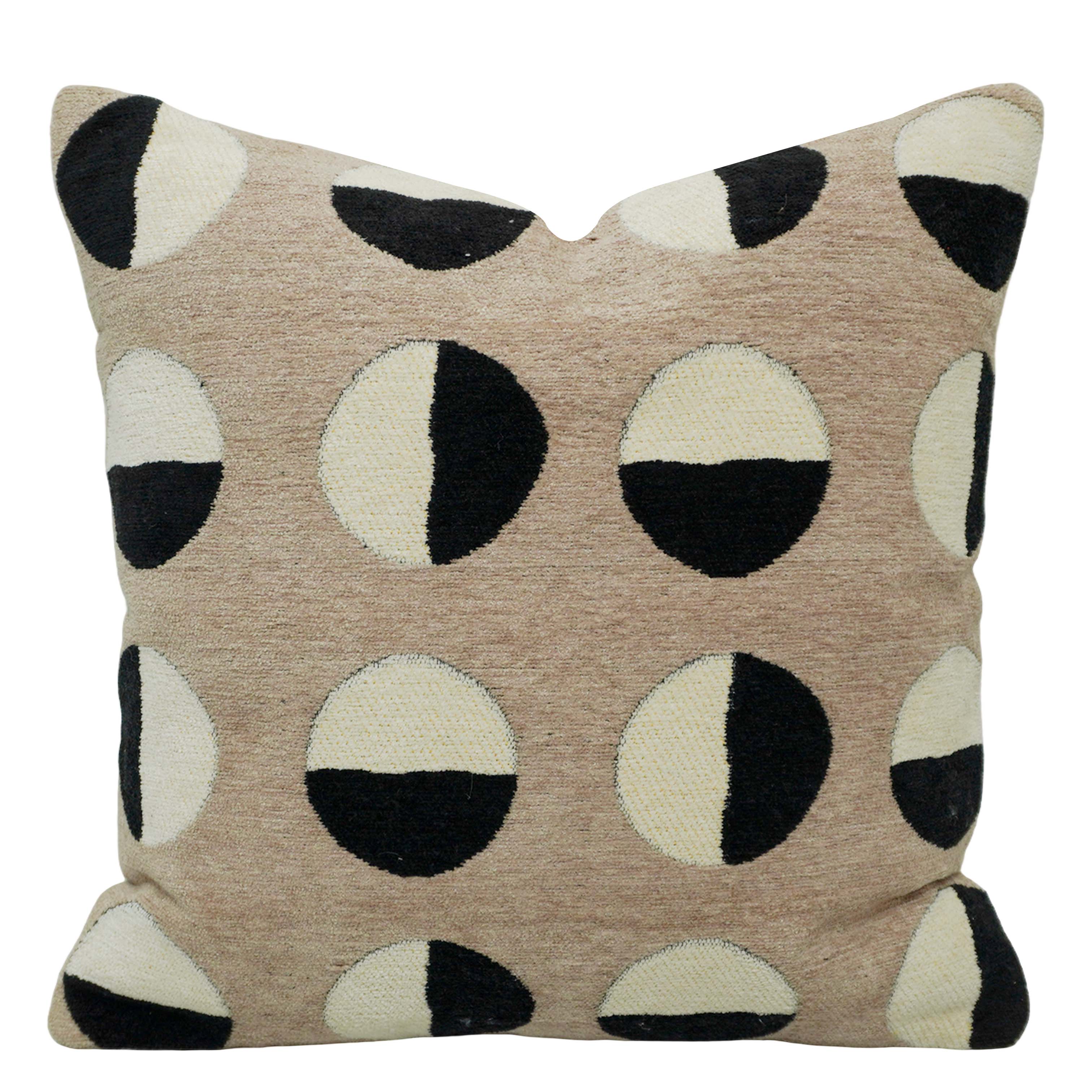 Handwoven Jacquard Cushion Cover 45x45 cm – Abstract Geometric Circle Design in Beige, Ivory & Black