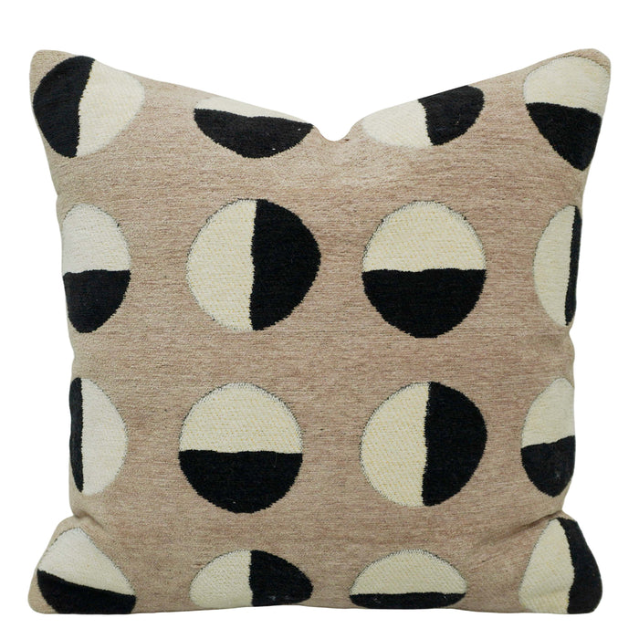 Handwoven Jacquard Cushion Cover 45x45 cm – Abstract Geometric Circle Design in Beige, Ivory & Black