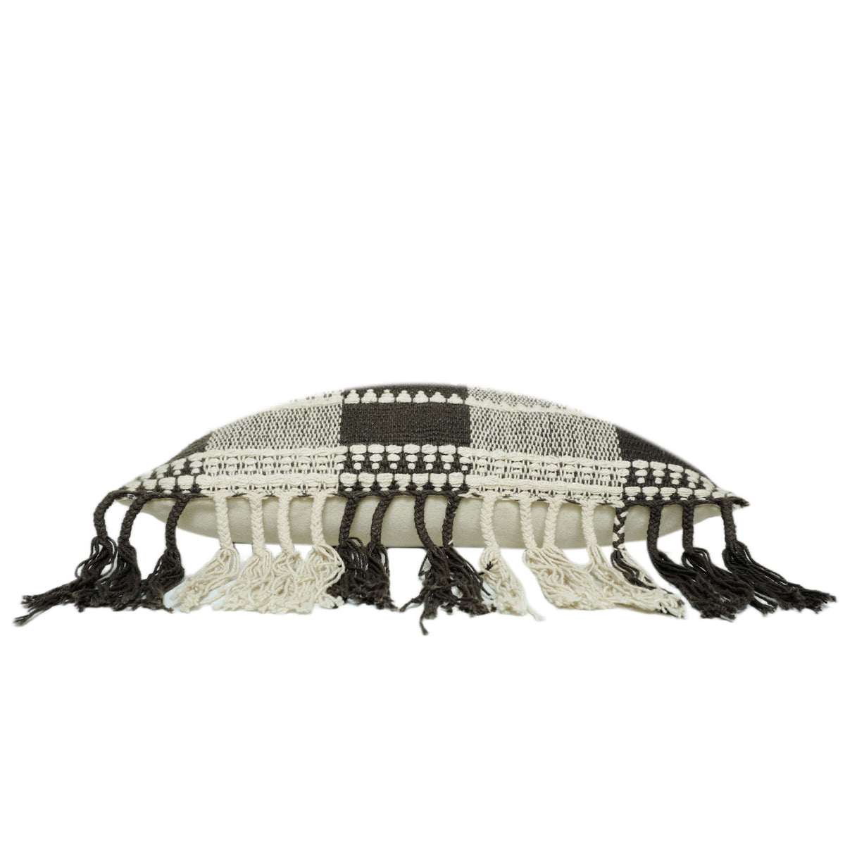 Handwoven Black & Cream Checkered Cushion Cover 45x45 cm with Tassel Detailing