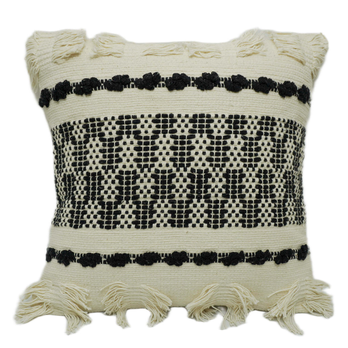Handwoven Black & Ivory Geometric Textured Cushion Cover with Tassels – 45 x 45 cm
