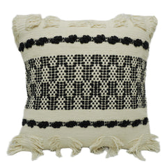 Handwoven Black & Ivory Geometric Textured Cushion Cover with Tassels – 45 x 45 cm
