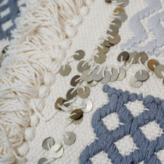 Handwoven Cotton Cushion Cover with Fringe & Sequin Detail | Blue & Ivory Geometric Textured Decorative Throw Pillow Cover | 45x45 cm (18x18 Inch)