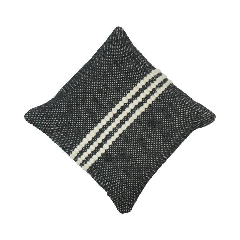 Handmade Black & White Cotton Cushion Cover 45x45 cm | Textured Pom Pom Stripe Decorative Throw Pillow Cover - Bulk manufacturer & supplier from Panipat, India