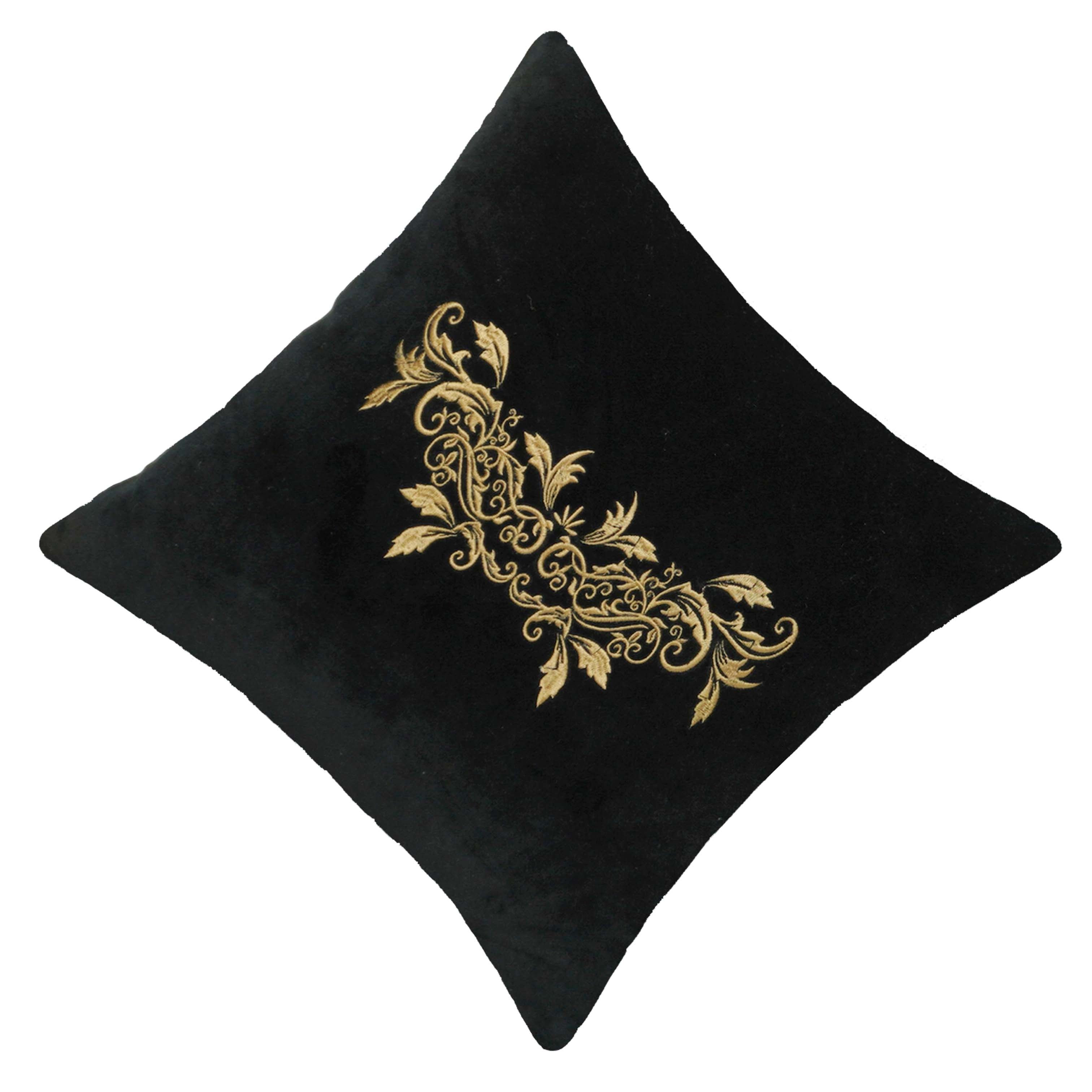 Luxury Black Velvet Machine Embroidered Cushion Cover 45x45 cm | Elegant Golden Floral Design | Decorative Throw Pillow Cover with Hidden Zip