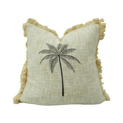 Palm Tree Embroidered Cushion Cover with Fringed Edges | Cotton Decorative Pillow Cover 45x45 cm