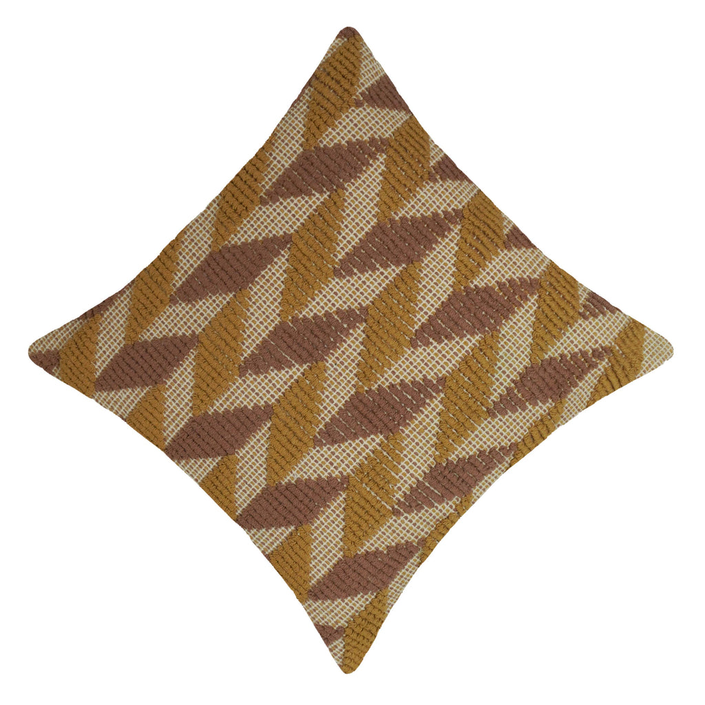 Handwoven Cotton Cushion Cover – Mustard & Brown Geometric Leaf Pattern, 45 x 45 cm