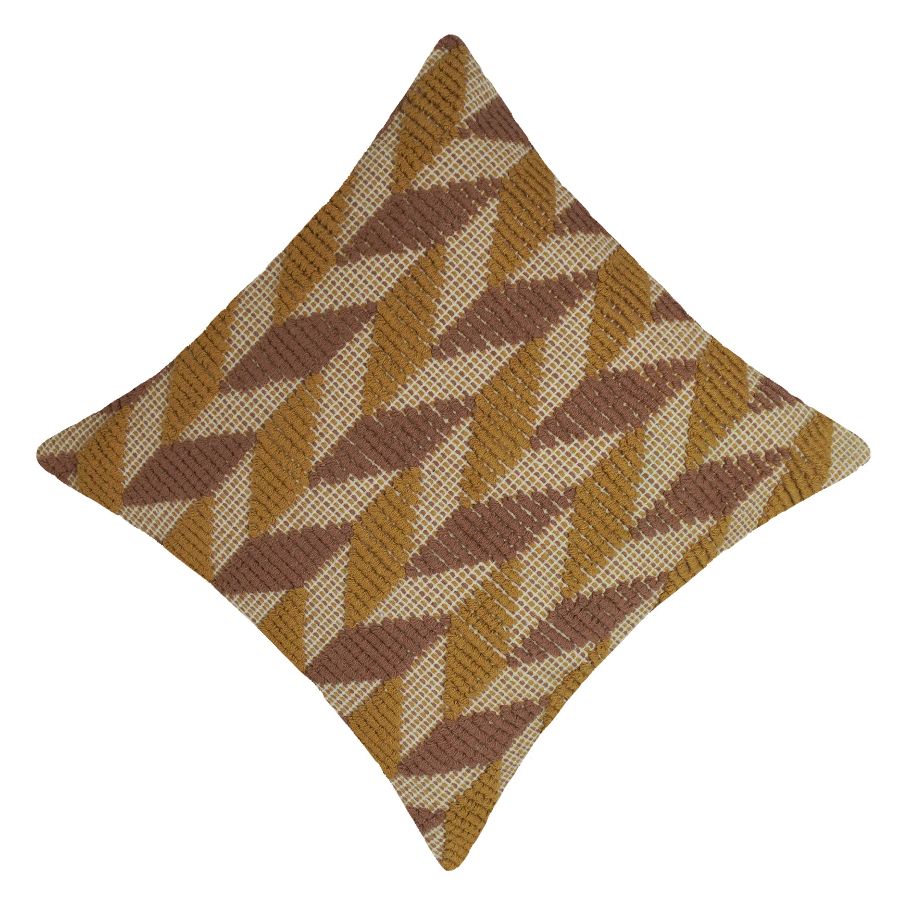 Handwoven Cotton Cushion Cover – Mustard & Brown Geometric Leaf Pattern, 45 x 45 cm