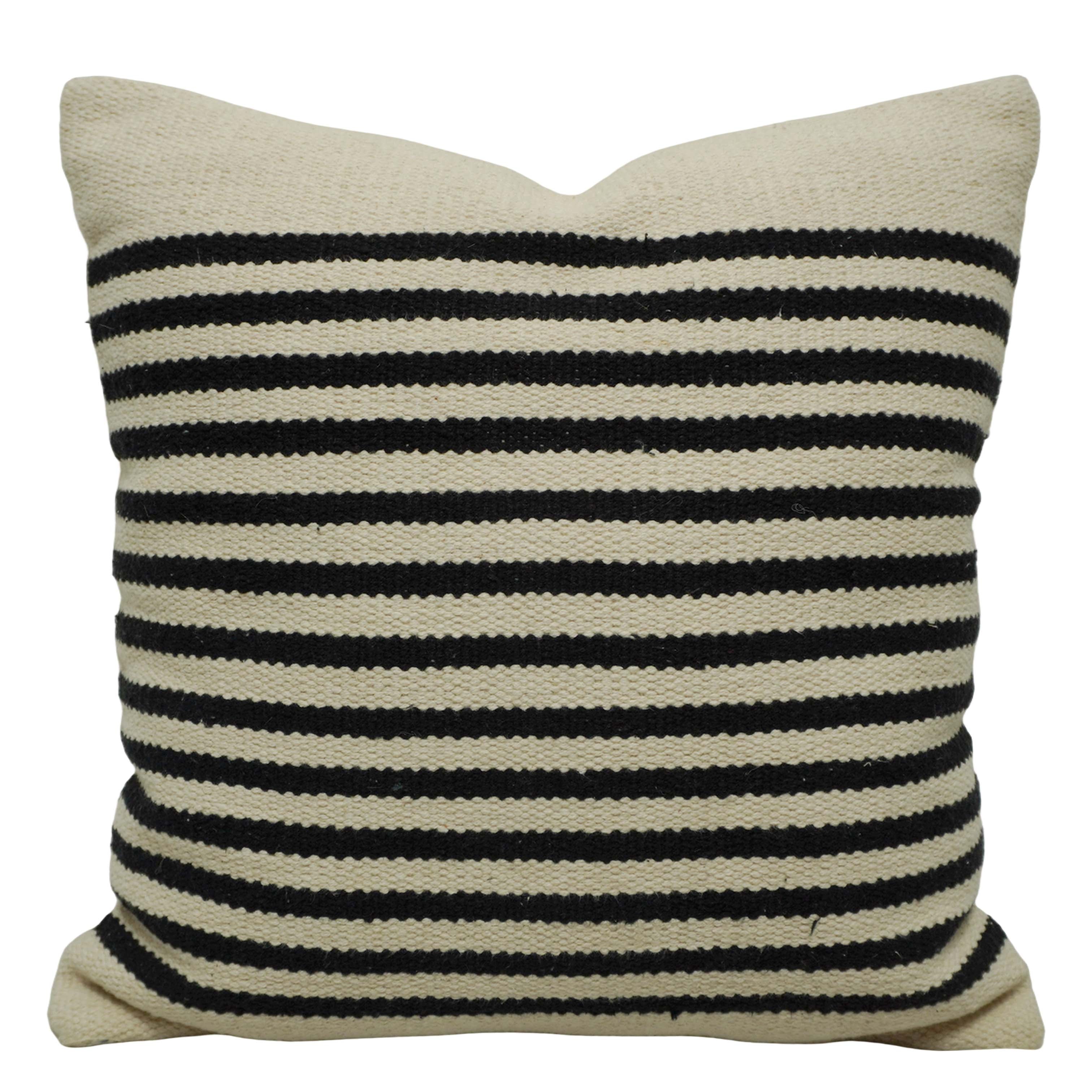 Handwoven Cotton Striped Cushion Cover 45x45 cm | Black & Natural Woven Throw Pillow Cover | Modern Farmhouse & Scandinavian Home Décor | Hidden Zipper | 100% Cotton