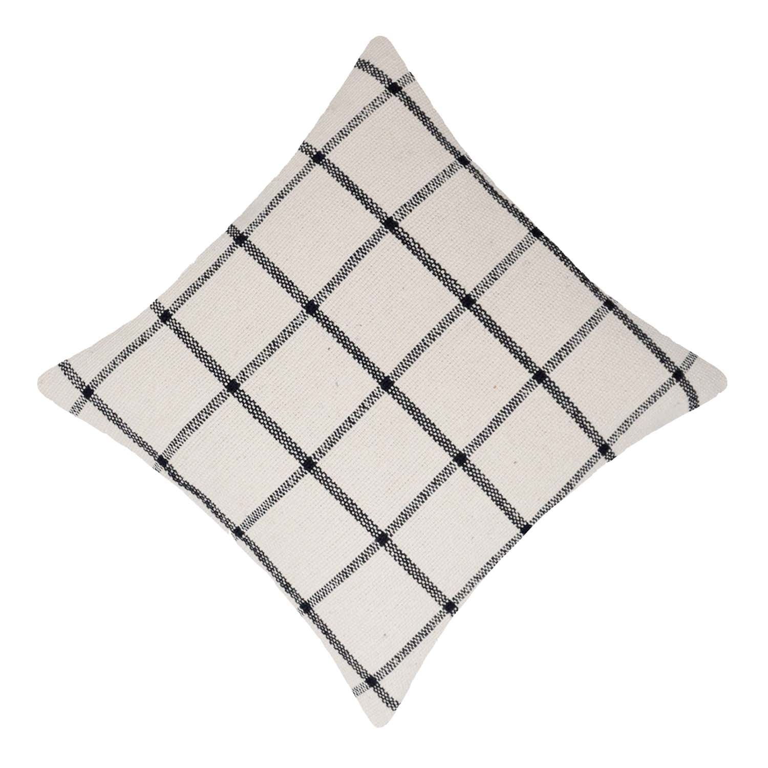 Handwoven Cotton Checkered Cushion Cover 45x45 cm | Black & Ivory Grid Pattern | Modern Farmhouse Decorative Throw Pillow Cover | Hidden Zip | 100% Cotton