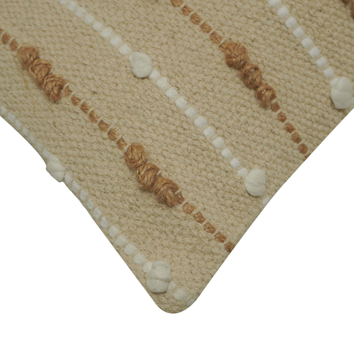 Handwoven Cotton Cushion Cover 45x45 cm | Textured Woven Throw Pillow Cover | Natural Beige with White & Brown Tufted Stripes | Boho Farmhouse Decorative Cushion Cover | Hidden Zipper