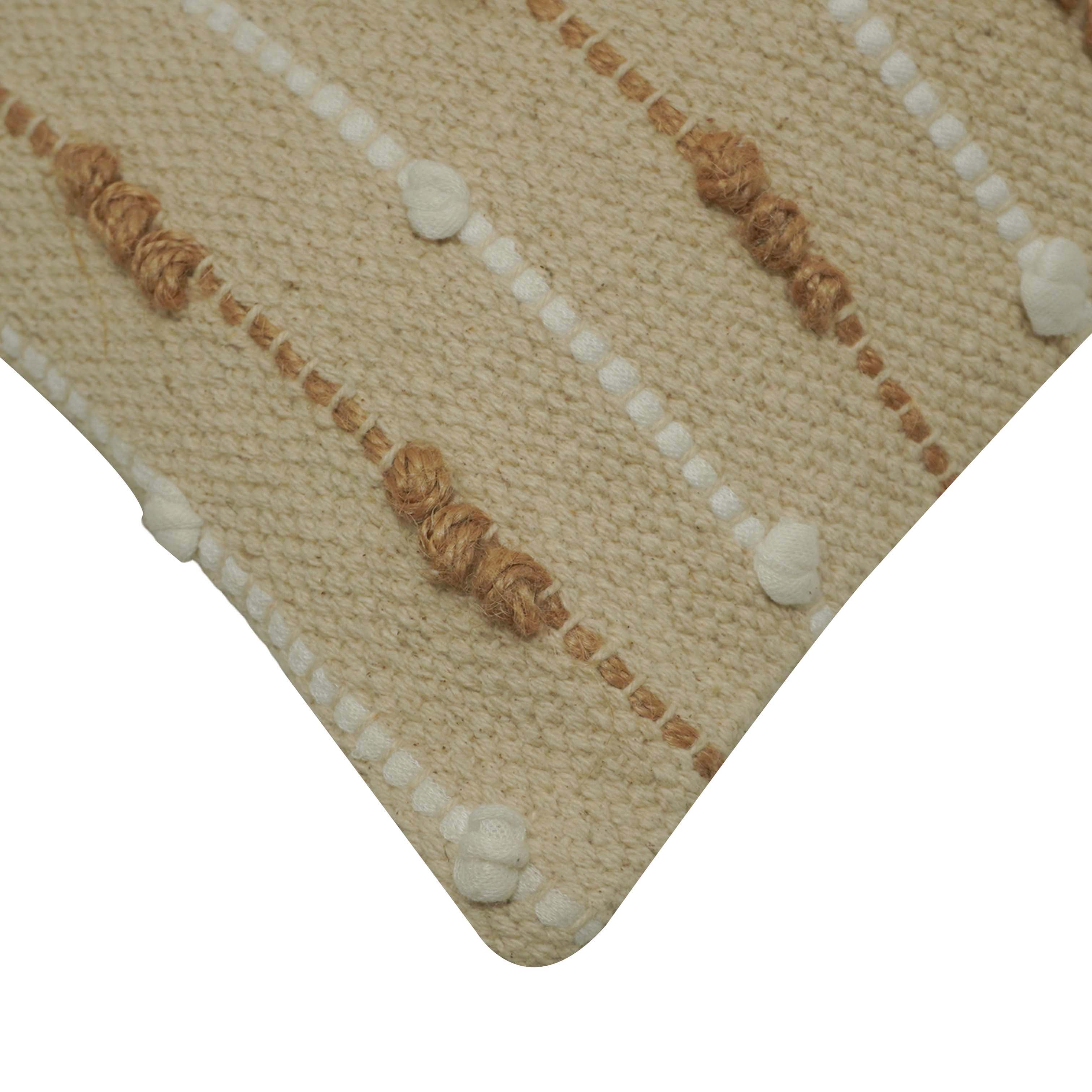 Handwoven Cotton Cushion Cover 45x45 cm | Textured Woven Throw Pillow Cover | Natural Beige with White & Brown Tufted Stripes | Boho Farmhouse Decorative Cushion Cover | Hidden Zipper