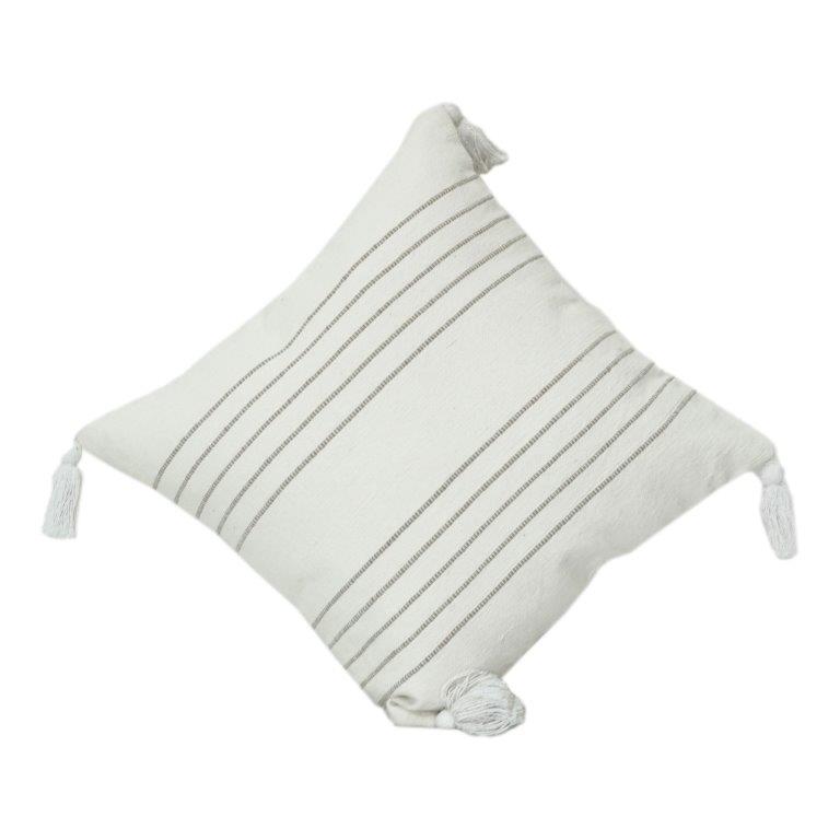 Minimalist Striped Cotton Cushion Cover with Tassels – 45x45 cm | Neutral Textured Throw Pillow Cover
