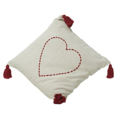 Embroidered Heart Cotton Cushion Cover with Tassels | Minimal Romantic Decor | 18x18 Inch