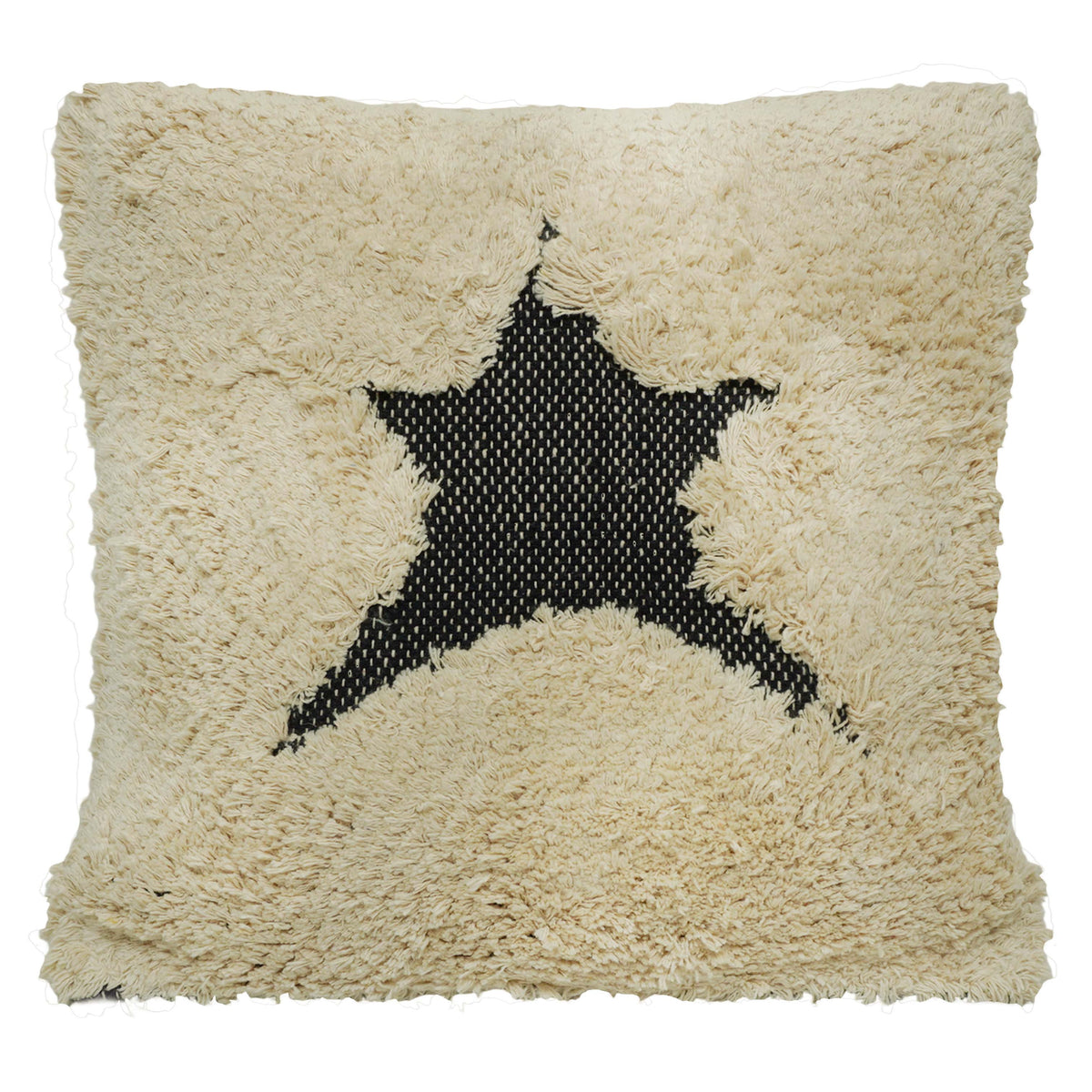 Handmade Tufted Cotton Cushion Cover 45x45 cm | Black Star Design on Ivory | Soft Textured Decorative Throw Pillow Cover | Hidden Zip