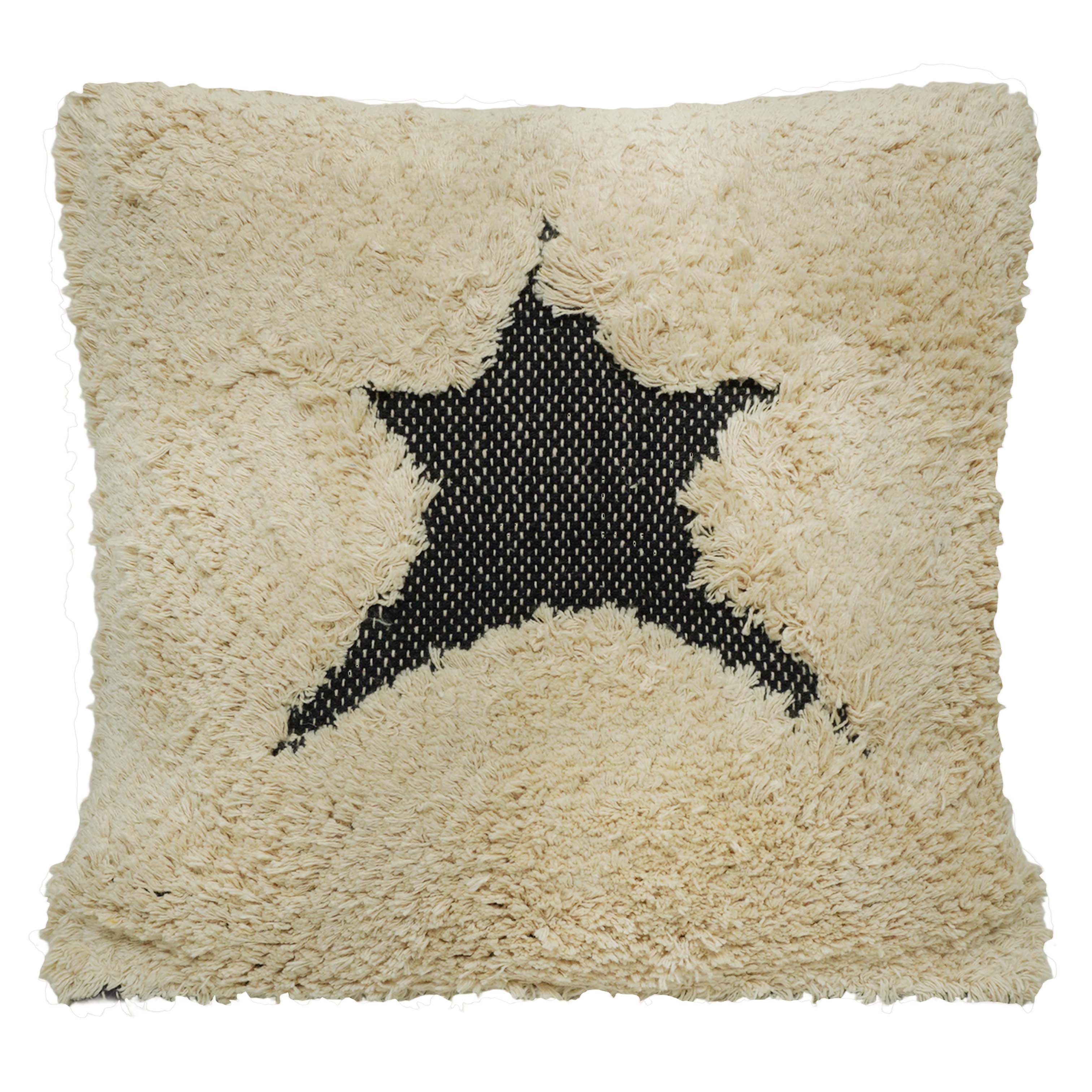 Handmade Tufted Cotton Cushion Cover 45x45 cm | Black Star Design on Ivory | Soft Textured Decorative Throw Pillow Cover | Hidden Zip