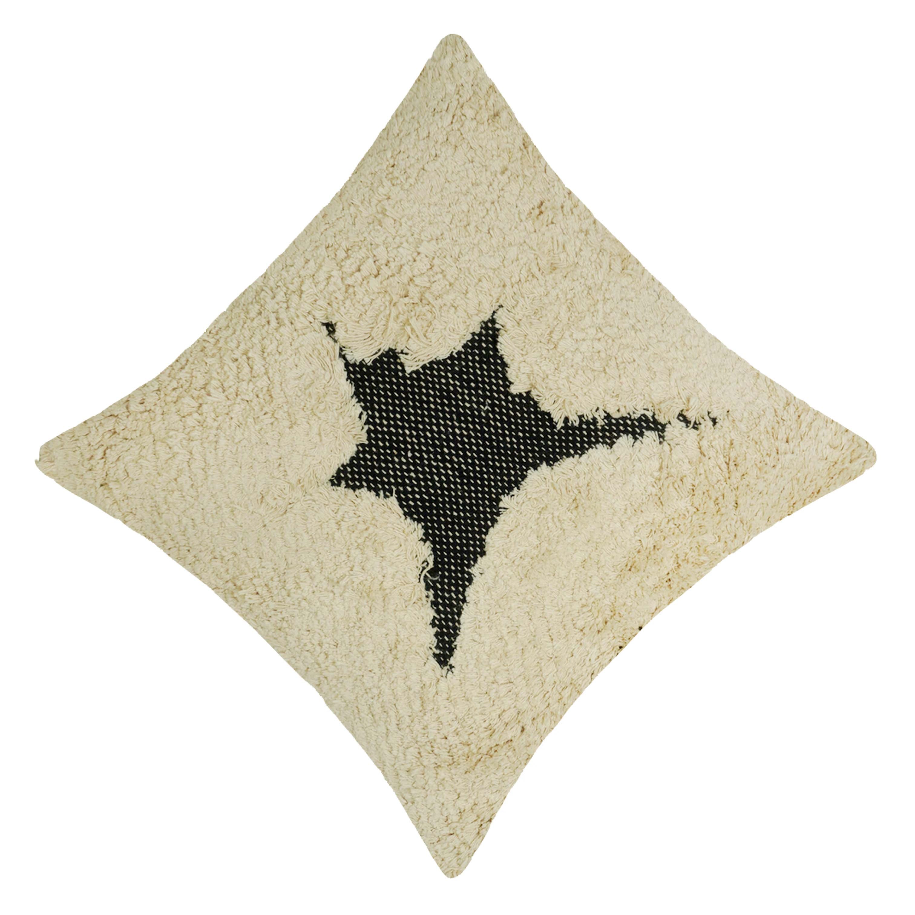 Handmade Tufted Cotton Cushion Cover 45x45 cm | Black Star Design on Ivory | Soft Textured Decorative Throw Pillow Cover | Hidden Zip