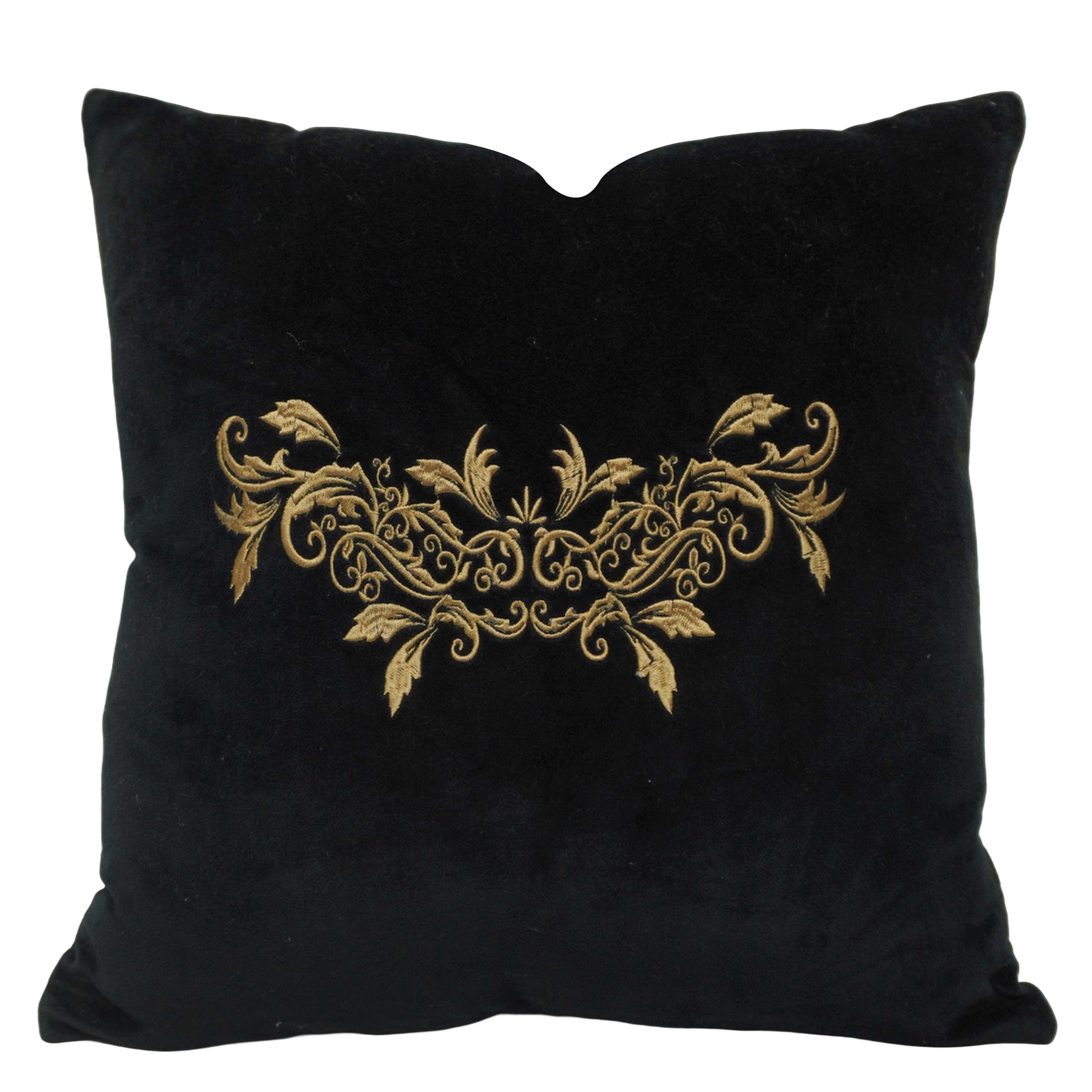 Luxury Black Velvet Machine Embroidered Cushion Cover 45x45 cm | Elegant Golden Floral Design | Decorative Throw Pillow Cover with Hidden Zip