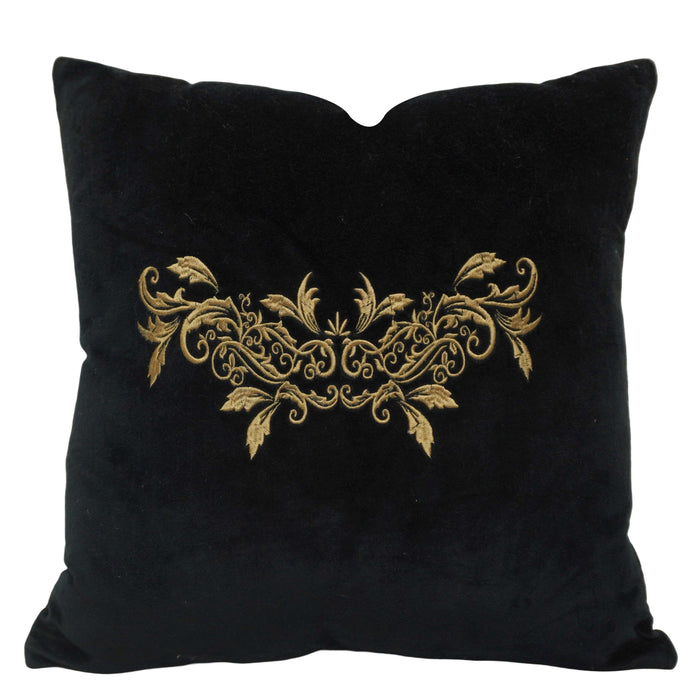 Luxury Black Velvet Machine Embroidered Cushion Cover 45x45 cm | Elegant Golden Floral Design | Decorative Throw Pillow Cover with Hidden Zip